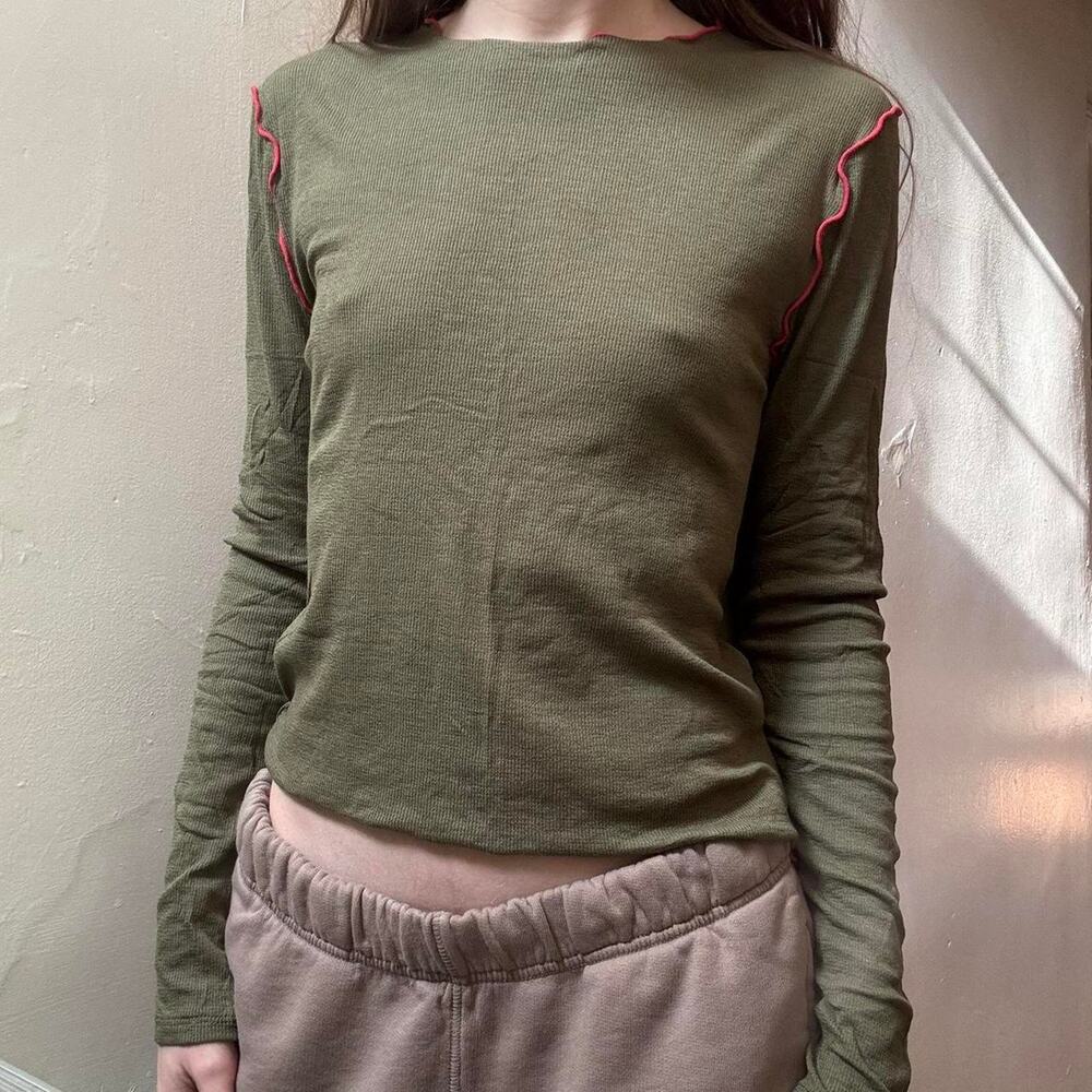 NWT Madewell Green with Red Trim Long Sleeve Tee Women’s Size XXS